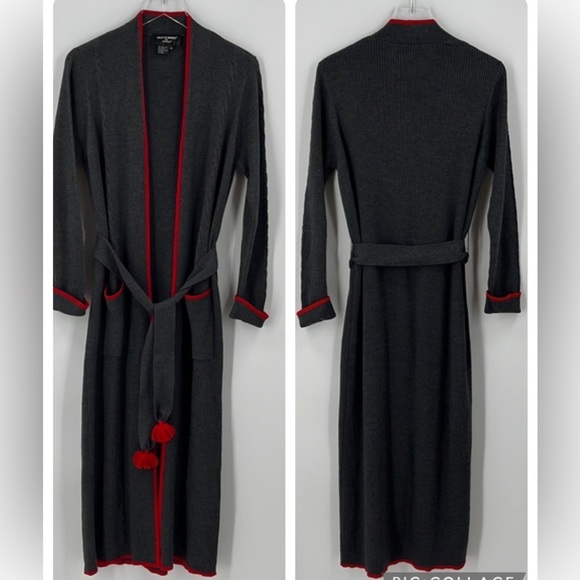 Colette Mordo Sweaters - Merino Wool Blend Long Maxi Length Gray Cardigan Pockets Belt Shawl Collar M